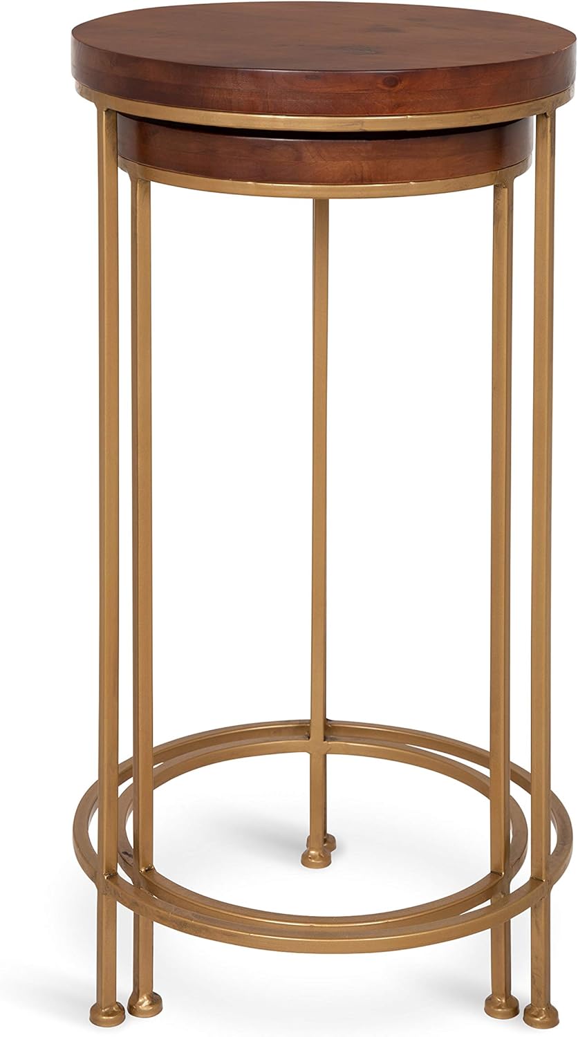 Kate and Laurel Espada Metal and Wood Nesting Tables 2 Piece Set, Walnut Top with Gold Base: Kitchen & Dining