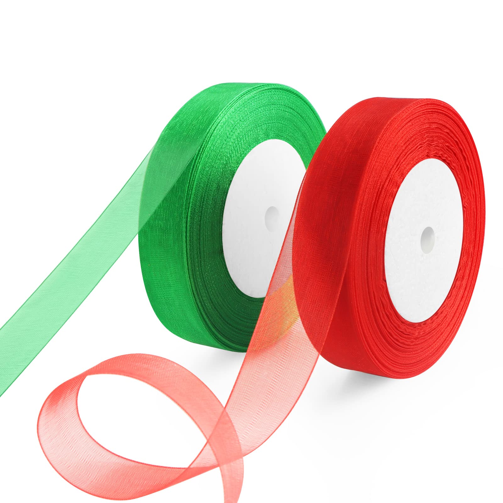 OWill 2 Rolls of Christmas Ribbon, Red and Green Organza Ribbon, 20mm x 45m Each, Clear Chiffon Ribbons for Christmas Wrapping Gift Christmas Tree DIY Crafting
