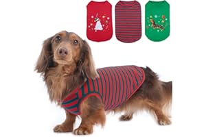 MORVIGIVE 3 Pack Christmas Dog T-Shirt,Printed & Striped Set,Sleeveless Vest Autumn Winter Indoor Lounge Wear,Soft Lightweight Dachshund Clothes,Festival Party Cute Outfits(Red&Green,L)