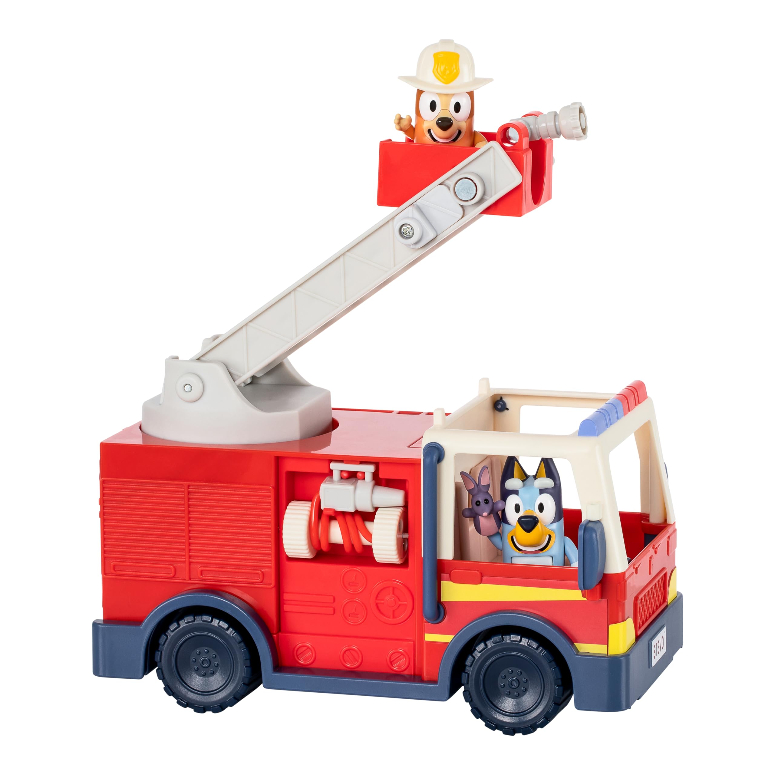 Bluey Firetruck Toy Playset with Firefighter Bingo, Bluey & Bob Bilby, Toddler Fire Truck w/ Spinning Ladder, Water Hoses for Kids Ages 3+