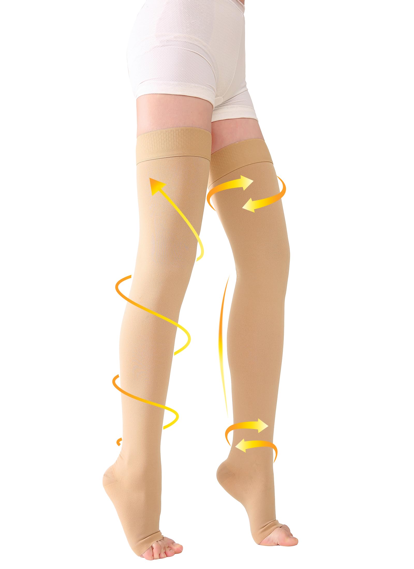 TOFLY® Thigh High Compression Stockings for Women & Men (Pair), Open Toe, Opaque 20-30 mmHg Graduated Compression Hose, Medical Compression Stockings for Varicose Veins, Edema, DVT, Travel,Beige M