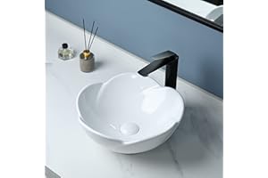 bathivy Round Lotus Shape Bathroom Vessel Sink with Pop Up Drain, White Porcelain Petal Shape Above Counter Ceramic Wash Basin, Modern Flower Shaped Art Basin Lavatory Vessel Vanity Sink Counter Top
