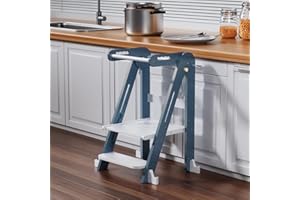 JPMKPD Kids Kitchen Step Stool, Folding Toddler Tower, Height Adjustable Toddler Tower with Safty Rail and Anti-Slip Device, Wooden Kitchen Helper for 1.5-6 Years (Blue-White)