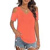 Elesomo Womens V Neck Cold Shoulder Tops Short/Long Sleeve Summer T Shirts Basic Tees