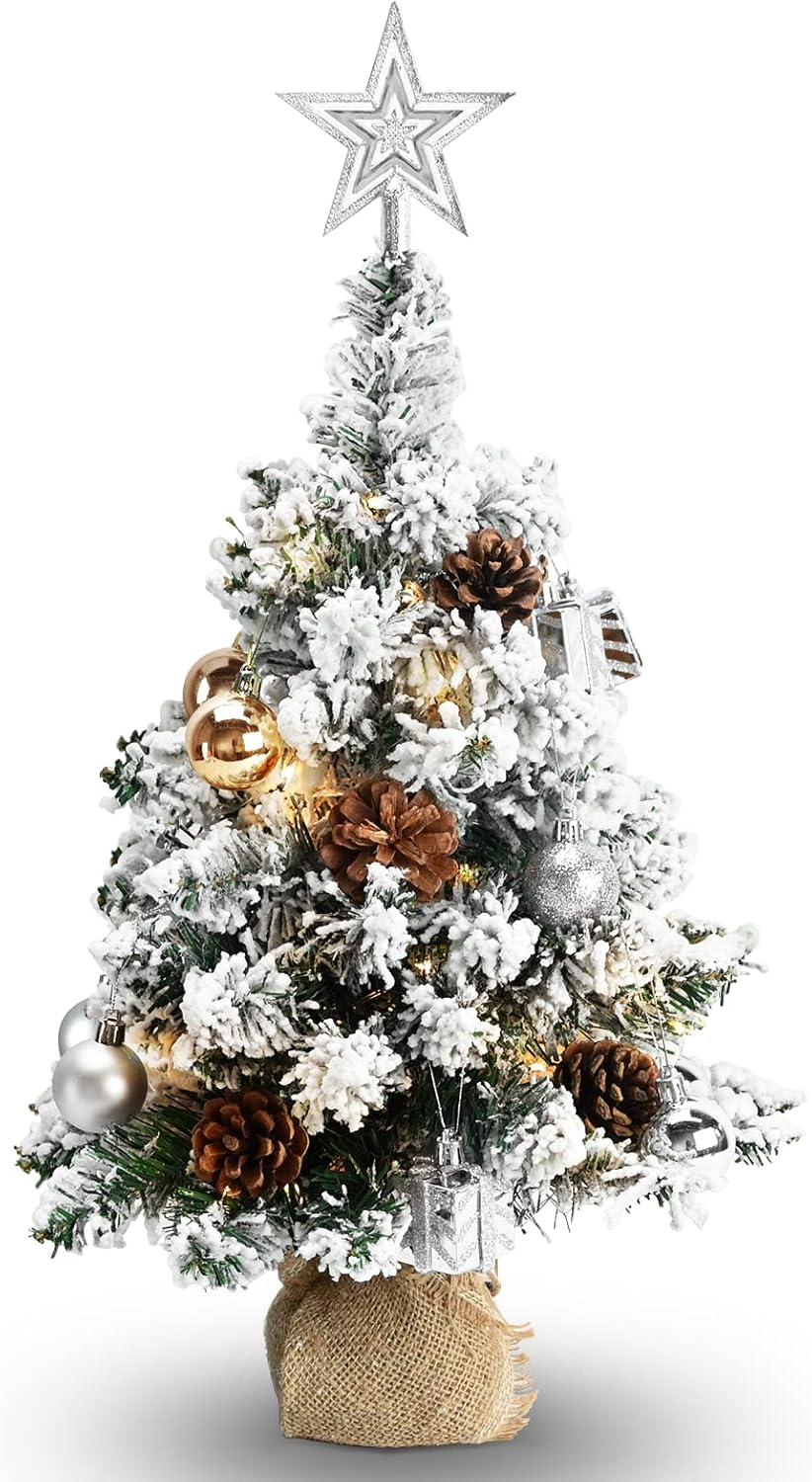 Tree Toppers - 24 Inch 2FT Snowy Mini Christmas Tree, Small Tabletop Flocked Tree with LED Lights, Pine Cones, Balls, Star Tree Topper, Mini Gift Box and Cloth Bag Base, Xmas Decorations (Mini Christmas Tree)