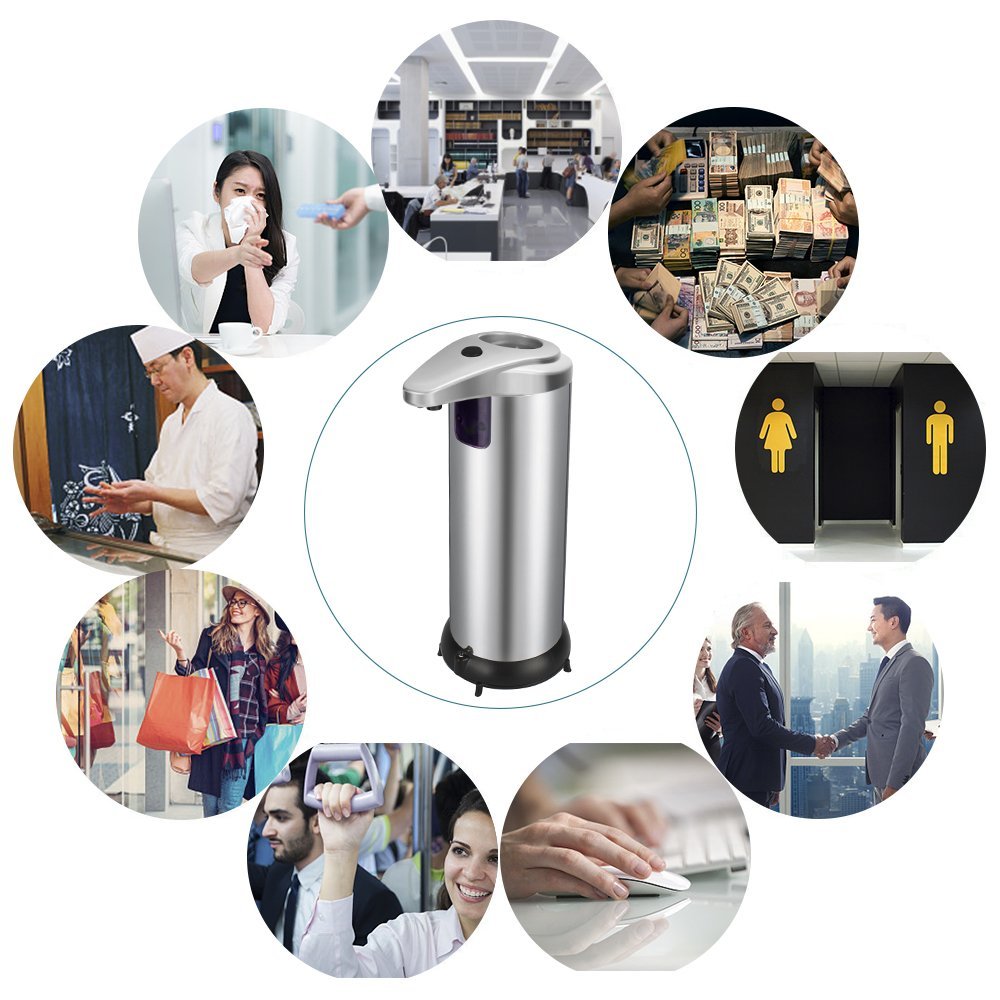 Fun Sponsor Automatic Soap Dispenser, 250ML Stainless Steel Touchless Liquid Sensor Soap Dispenser Soap Holder Hand Free with Waterproof Base for Kitchen Bathroom (Silver)