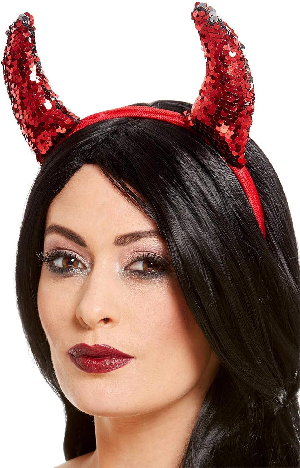 Smiffys Red Reversible Sequin Devil Horns on Headband, Sparkly Halloween Fancy Dress Accessory for Women & Men