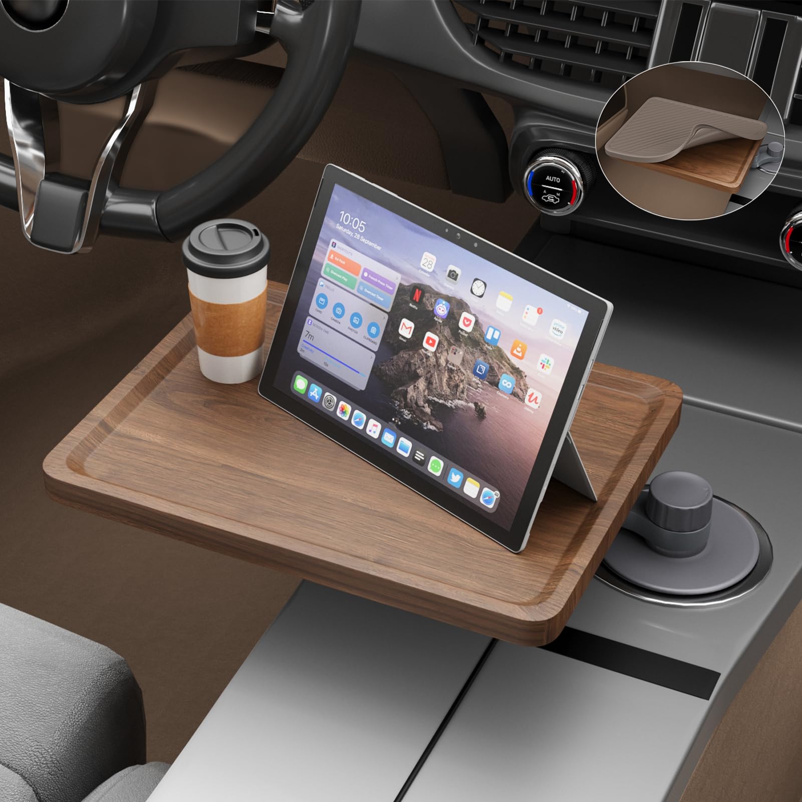 Photo 1 of Car Tray & Car Desk for Laptop with Anti-Slip Protective Mat, 360° Rotating Wood Cup Holder Table, Eating Food, Working, Compatible with Tesla Model Y/3/S, Ford F150/Explorer/Maverick & Most Vehicles