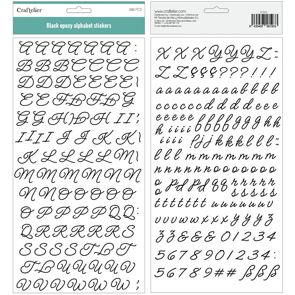 Craftelier - Alphabet Style Chipboard Stickers Uppercase & Lower Case Letters, Numbers & Special Characters - Black | Includes 166 - Size Approx 1.15"