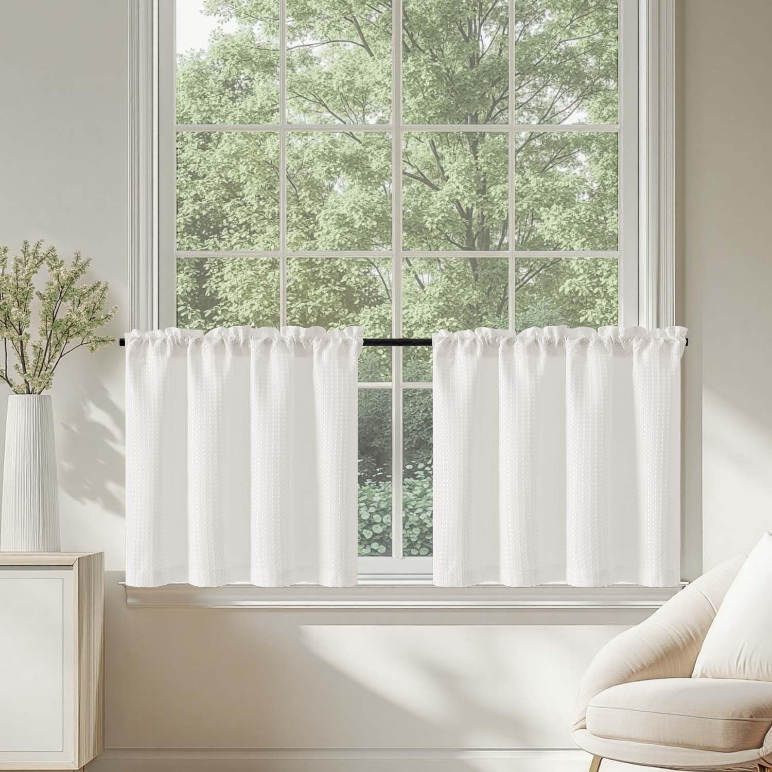 TOPICK White Kitchen Curtains 24 Inch Drop Small Cafe Curtains Waffle Weave Textured Curtain Tiers for Bathroom Sink Laundry Half Window Rod Pocket 2 Panels