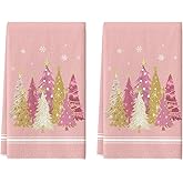 Artoid Mode Pink Xmas Tree Star Christmas Kitchen Towels Dish Towels, 18x26 Inch Farmhouse Snowflakes Decoration Cleaning Set of 2