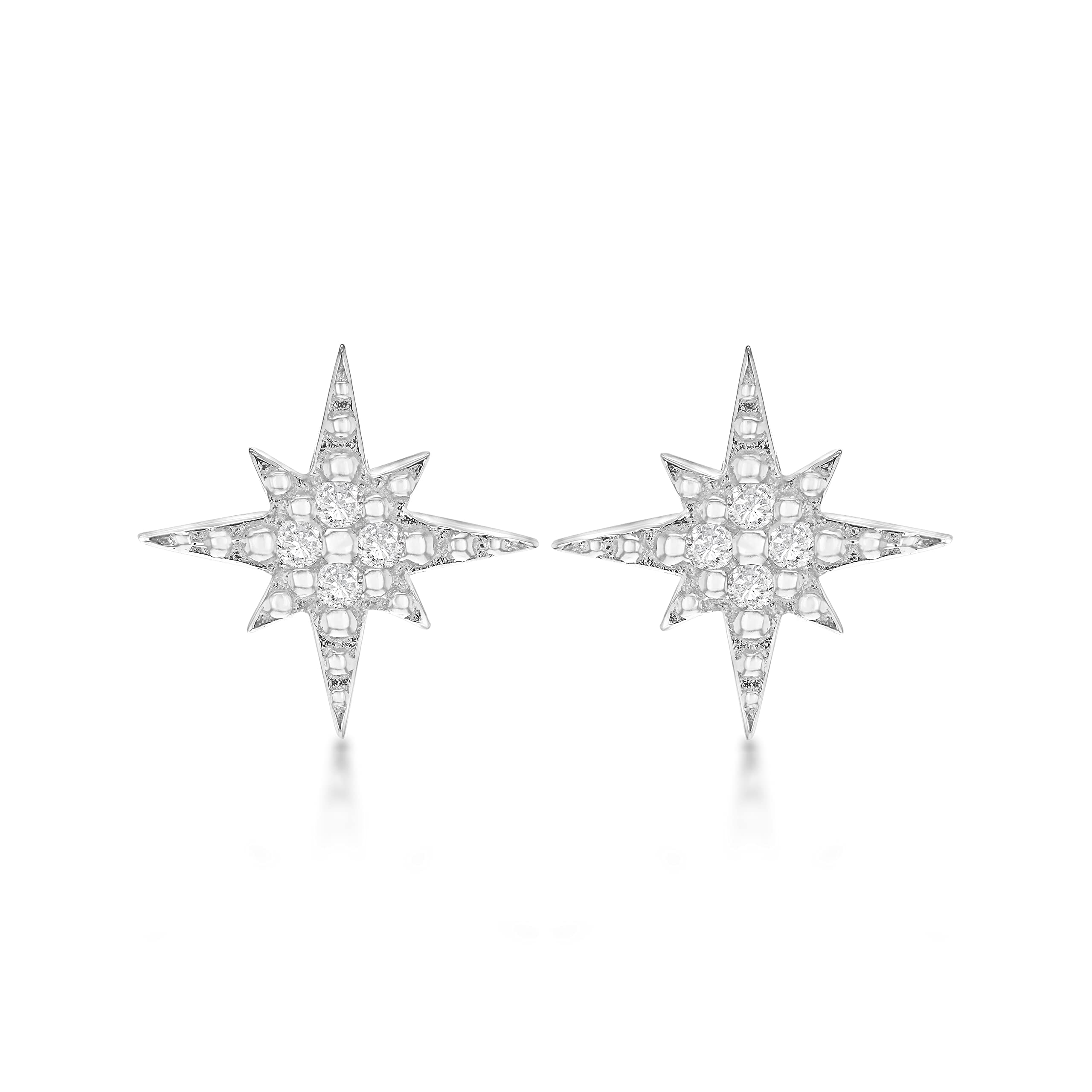 Tuscany Silver Women's Sterling Silver Rhodium Plated Cubic Zirconia Compass Star Stud Earrings, 8.3 x 11.8 mm