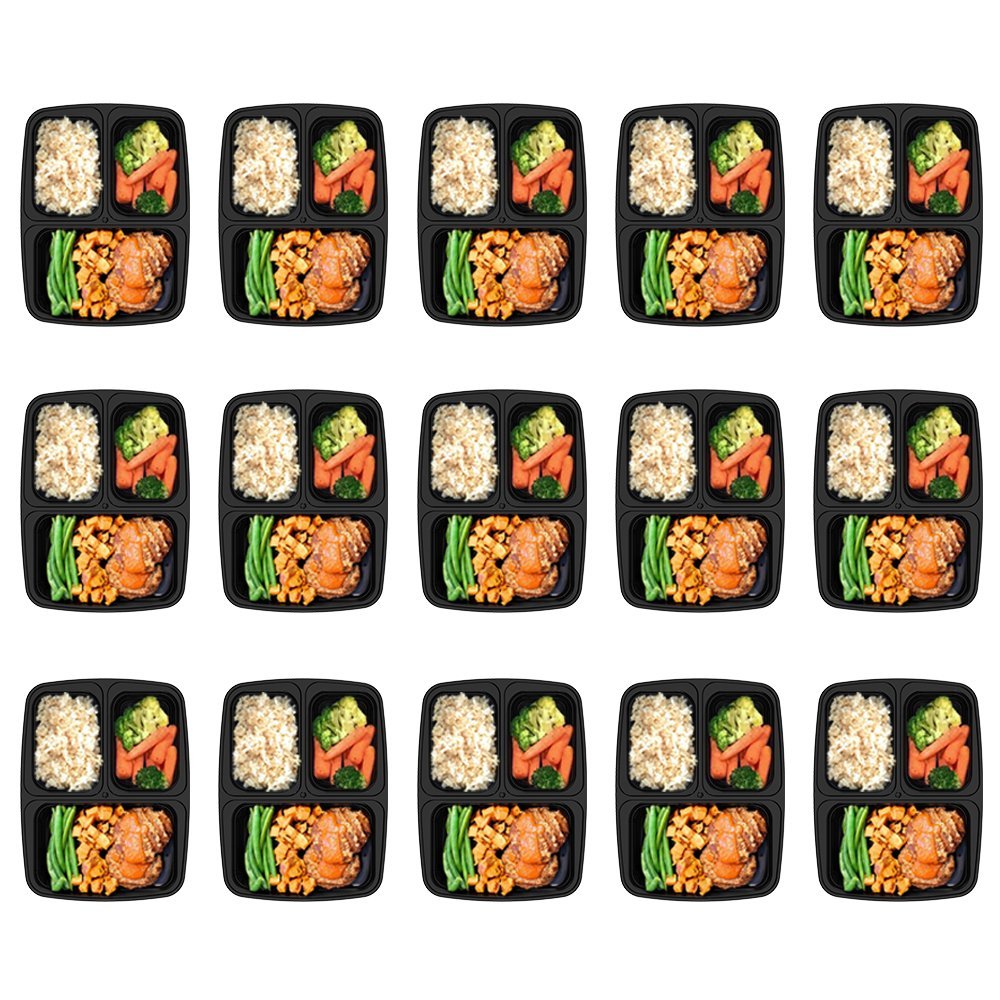 Homgeek 15-Pack Meal Prep Containers 3 Compartment BPA-Free Food Storage Stackable Reusable Microwave Dishwasher & Freezer Safe Bento Lunch Boxes with Airtight Leads for Portion Control