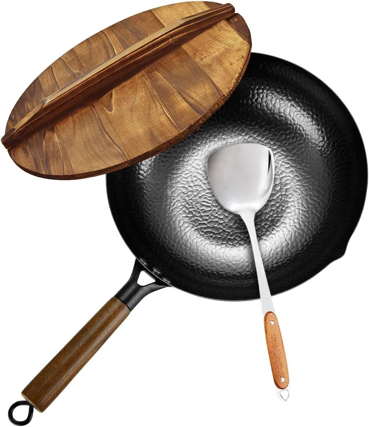 Carbon Steel Wok, Stir Fry Pan Flat Bottom Pan, Iron Wok with lid, for Electric Stove, Induction Cooker and Gas Stove(12.5 Inch): Kitchen & Dining
