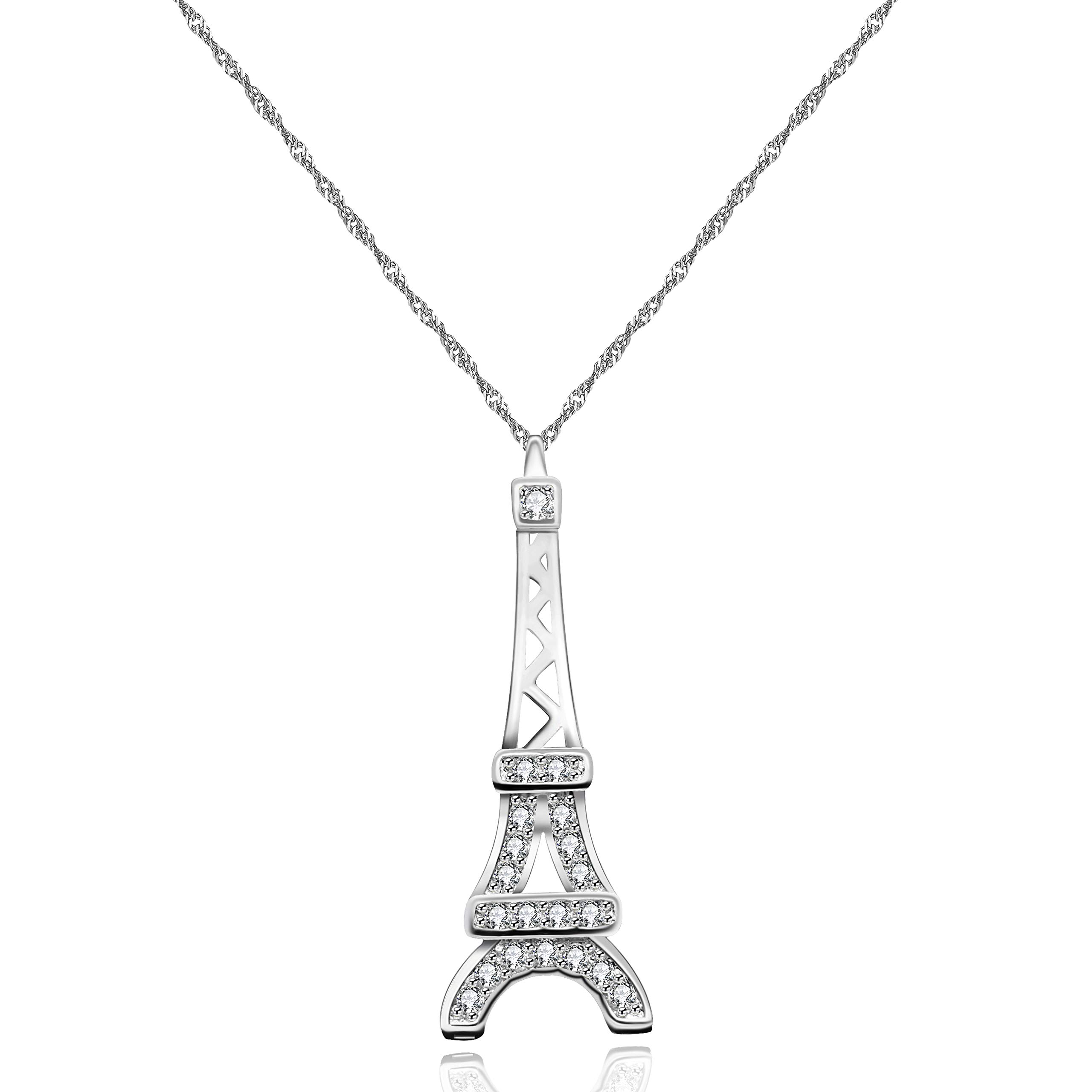 Uloveido Fashion Eiffel Towel Design Pendant Necklace for Women Silver Color Jewellery Necklace for Girls Girlfriend Love Gift with Cubic Zirconia JS800