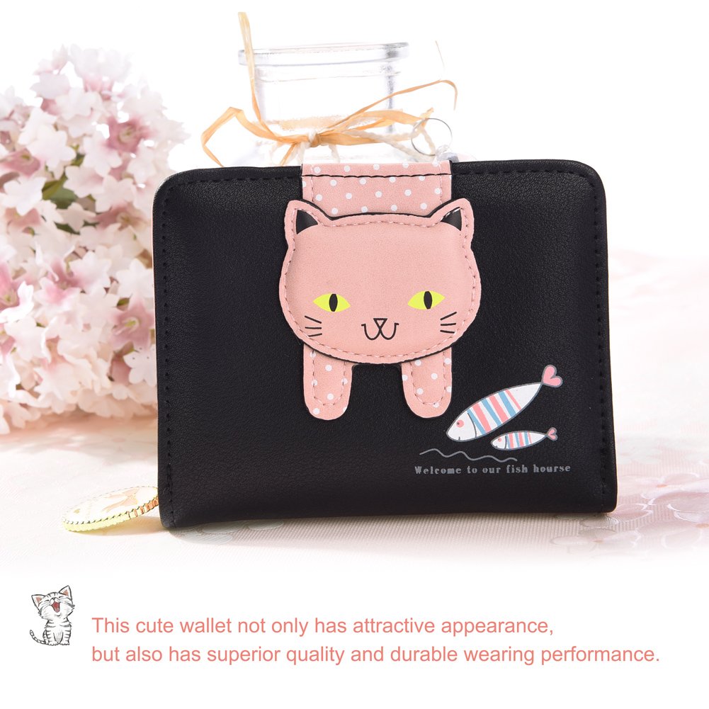 Vbiger Geldbörse Mädchen Kleine Geldbeutel Portemonnaie Damen Niedliche Katzen Muster Geldbörse für Kinder Schwarz