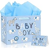 Baby Boy Gift Bag Animal Baby Shower Paper Gift Bag with Tissue Paper and Greeting Card, Blue Animal Baby Boy Birthday Wrapping Paper Bag for Kids Boys Baby Shower Birthday Party Decorations Supplies