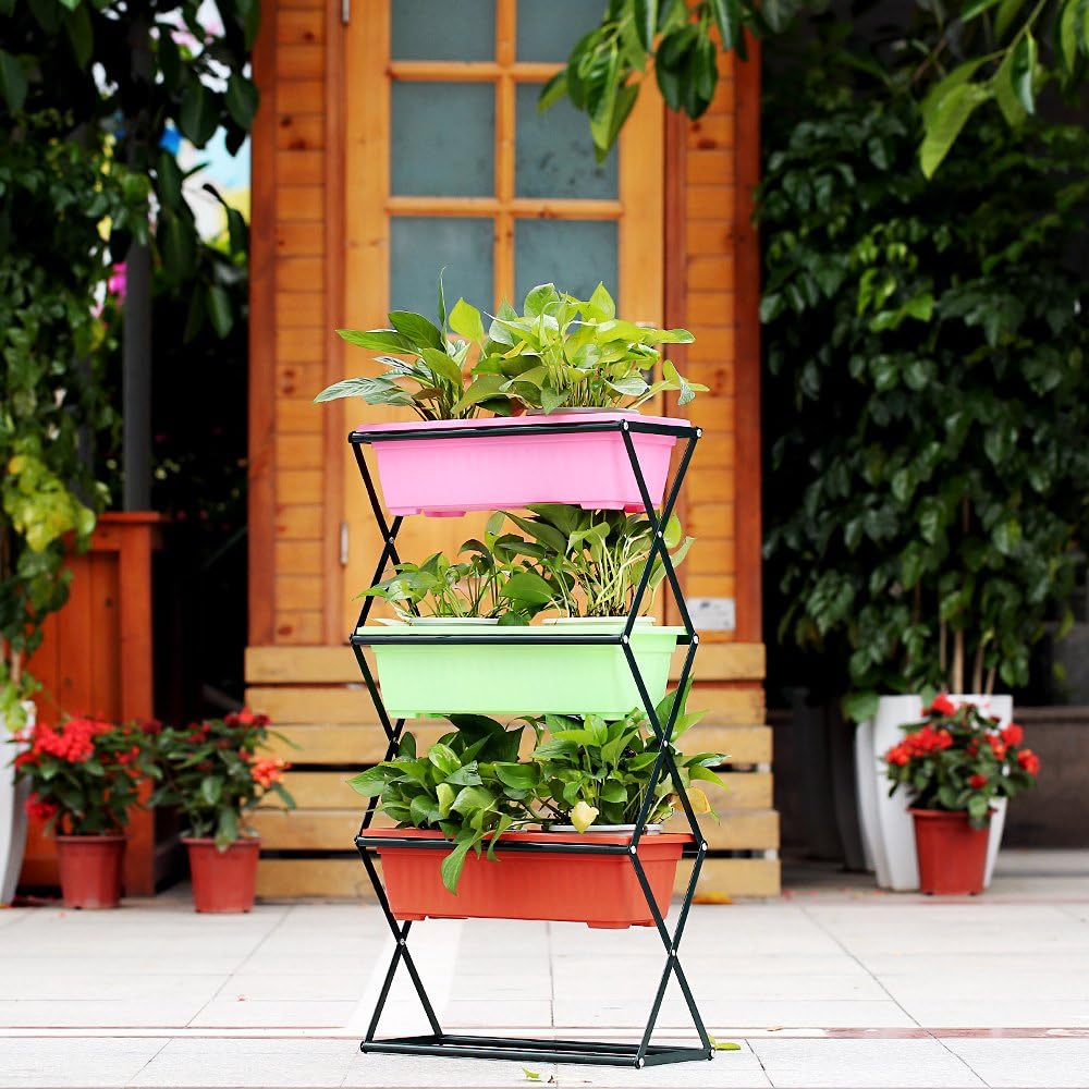 IKAYAA 3 Tier Metal Folding Plant Stand Rack Holder Garden Planter Flower Pot Stand Display Shelf