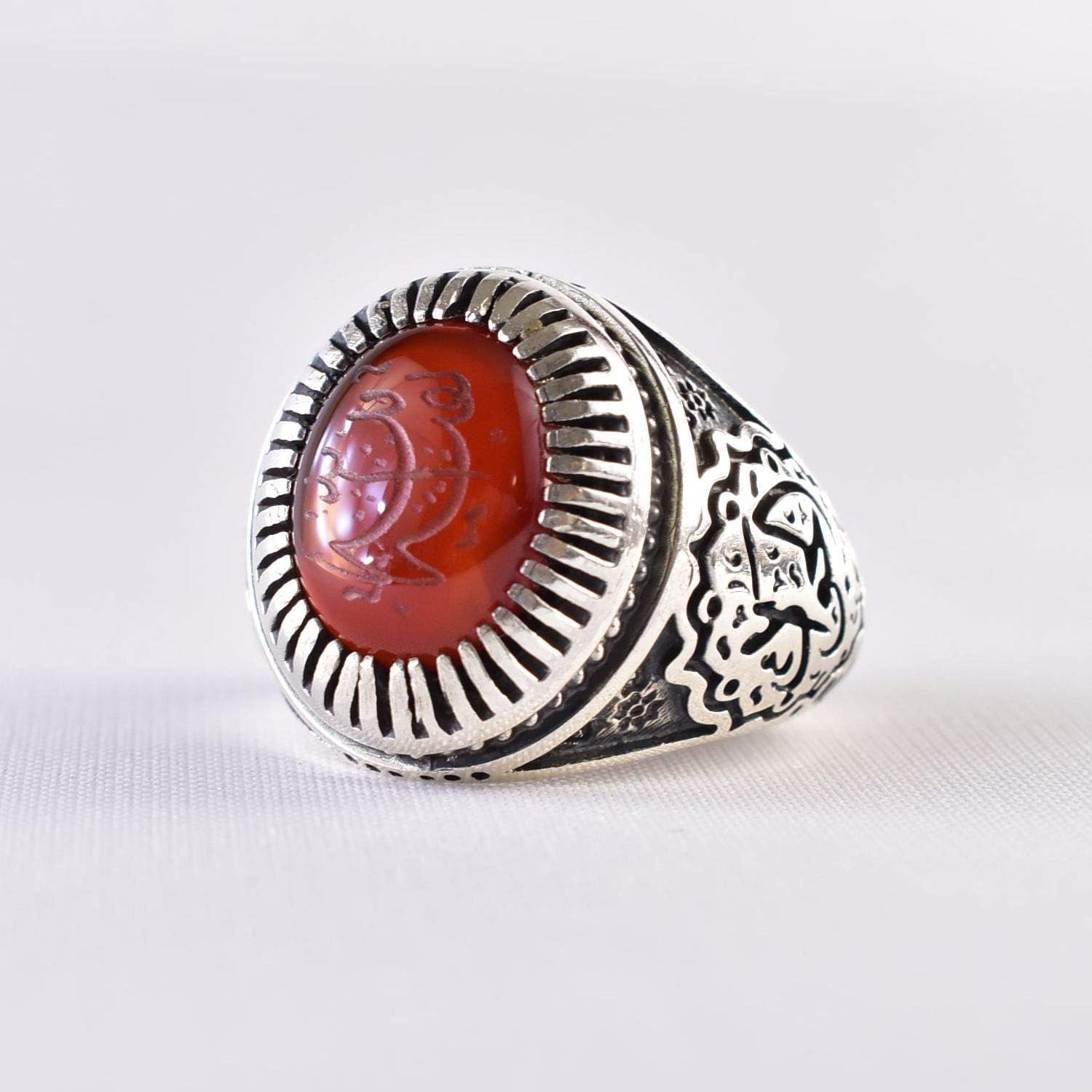 Yemeni Aqeeq Ring for Men | AlAliGems | Red Aqeeq Stone Engaved | US Size 12