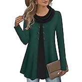 Bebonnie Womens Long Sleeve Cowl Neck Warm Splicing Tunic Tops with Buttons