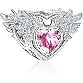 Amieween S925 Birthstone Charms for Pandora Bracelets and Necklaces, Birthstone Heart Charms with CZ Angel Wing, Birthday Christmas Mothers Day Valentine's Day Jewelry Gift Women