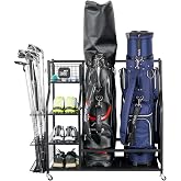 Mythinglogic Golf Bag Storage Organizer for Garage, Multiple Capacities | All in one metal storage for organizing golf bags, shoes, balls and golf accessories in garages, home or golf simulator rooms