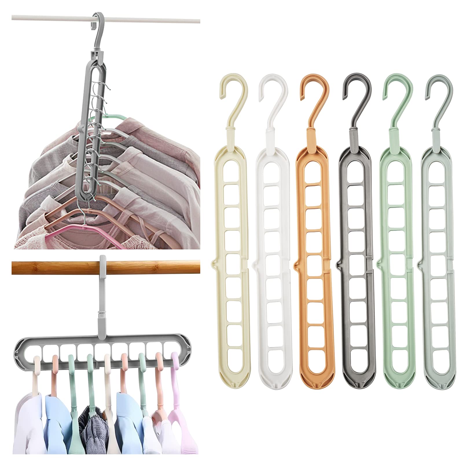 Magic Hanger Organizer, Space Saving Hangers with 9 Holes, Closet Organizers,6 Pack Multifunctional Storage and Non-Slip Hanger for Wardrobe Heavy Clothes Dresses Coats Shirts Pants