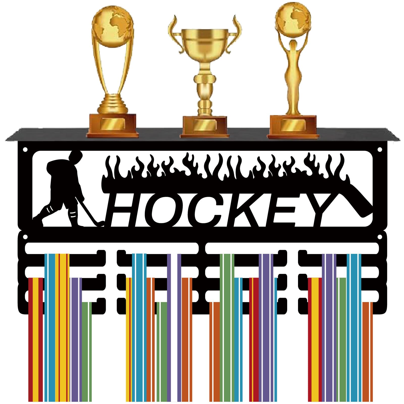 CREATCABIN Hockey Medal Hanger Display Trophy Shelf Medal Holder with Shelf Stand Sports 4 Rows Metal Hanging Wall Mount Frame Hold 70+ Medals for Running Competition Ribbon Medals Rack 15.7x7.9Inch