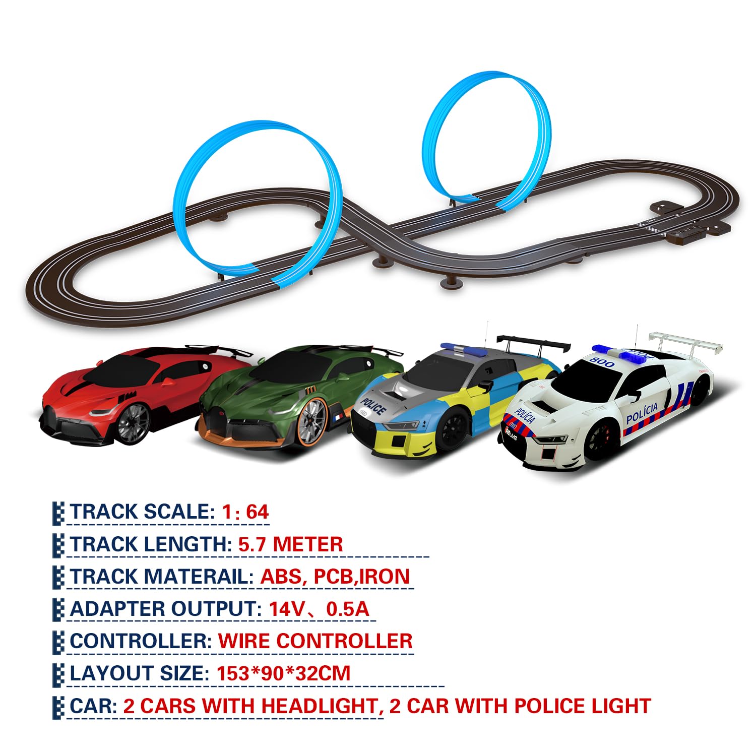 AGM MASTECH Slot Car Race Track Set, High Speed Series Tram Dual Track Set with 4 Licensed Racing Slot Cars, 2 Hand Controls, Track Parts and Lap Counter, 5.7M Long Track, Black