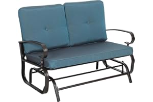 Brightpeak Outdoor Bench Patio Swing Glider Loveseat 2 Seats Rocking Chair, Wrought Iron Gliders for Outside Patio with Cushion (Blue)