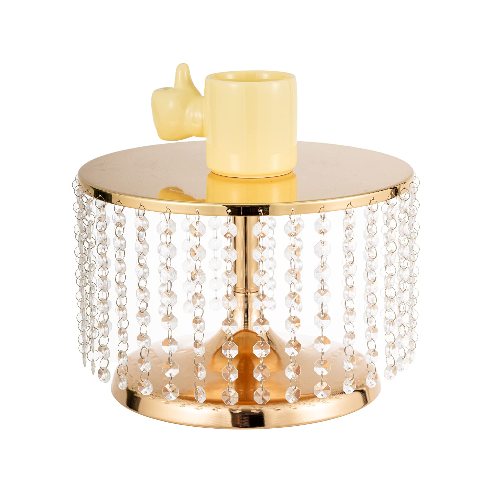 Photo 1 of 12 inch Gold Wedding Cake Stand with Crystal Bling Pendants, Metal Chandelier Cake Stand Cupcake Dessert Display Plate, Round Mirrored Cake Holder for Table, Wedding, Party, Event