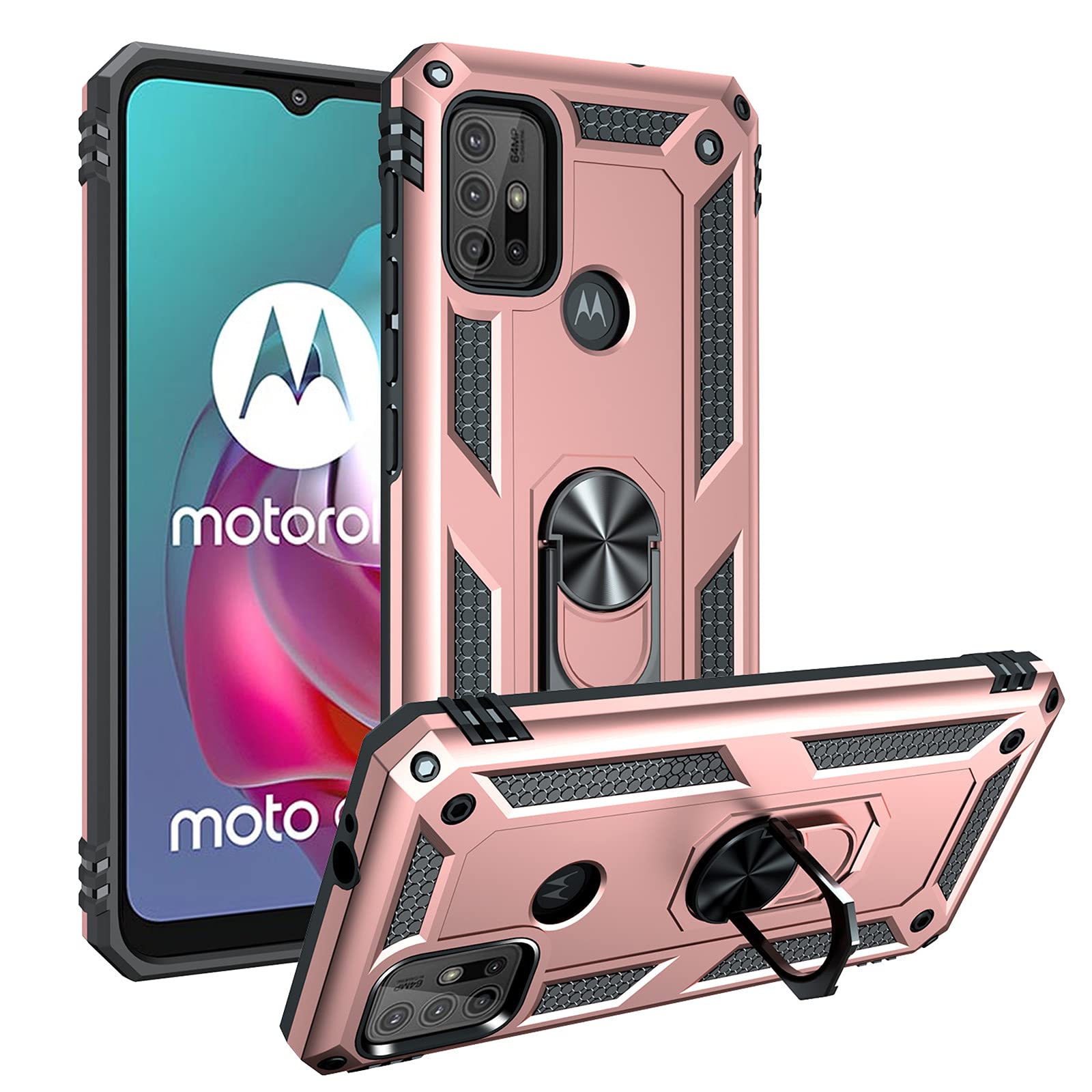 SHIEID Rugged Armor Case for Motorola Moto G30/G10 Shockproof and Bumper Back Cases with Kickstand Function Protective Phone Cover for Motorola Moto G30/G10-Rose gold