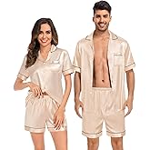 SWOMOG Couples Matching Pajamas Set Satin Short Sleeve Button Down Tops Silk Shorts Pj Lounge Set Soft Sleepwear