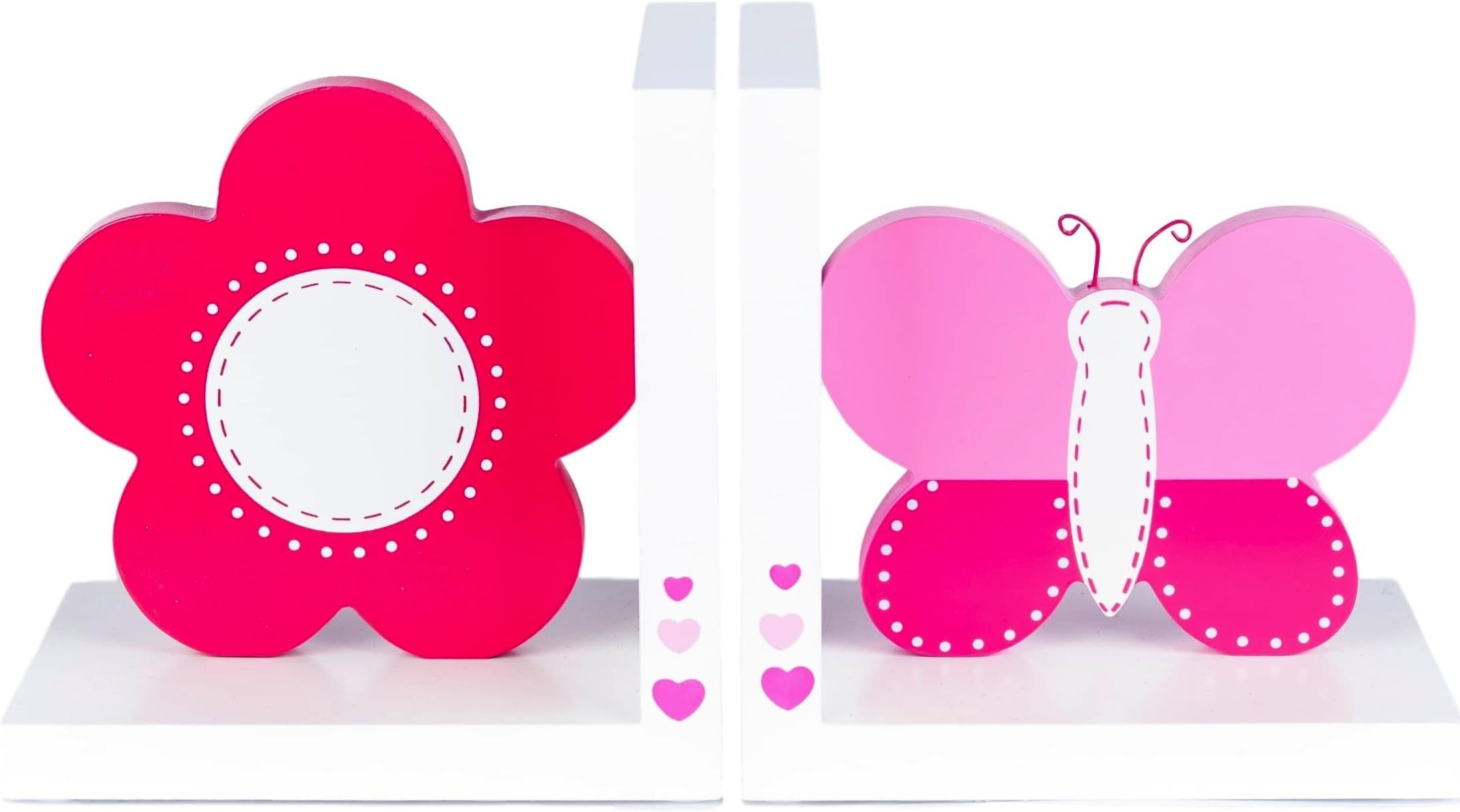 Gorgeous Pink Wooden Butterfly & Flower White Bookends by Tinkie Toys
