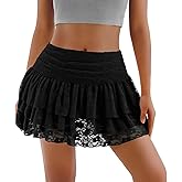 Women's Lace Mini Skirt with Shorts Sexy Mesh Short Skirts Layered Ruffle Skirts A Line Hight Waisted Skirt Skort