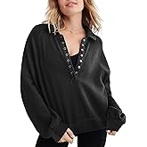 Miniyear Womens Cropped Sweatshirt Button Down Polo V Neck Long Sleeve Pullover Tops Fashion Outfits Clothes