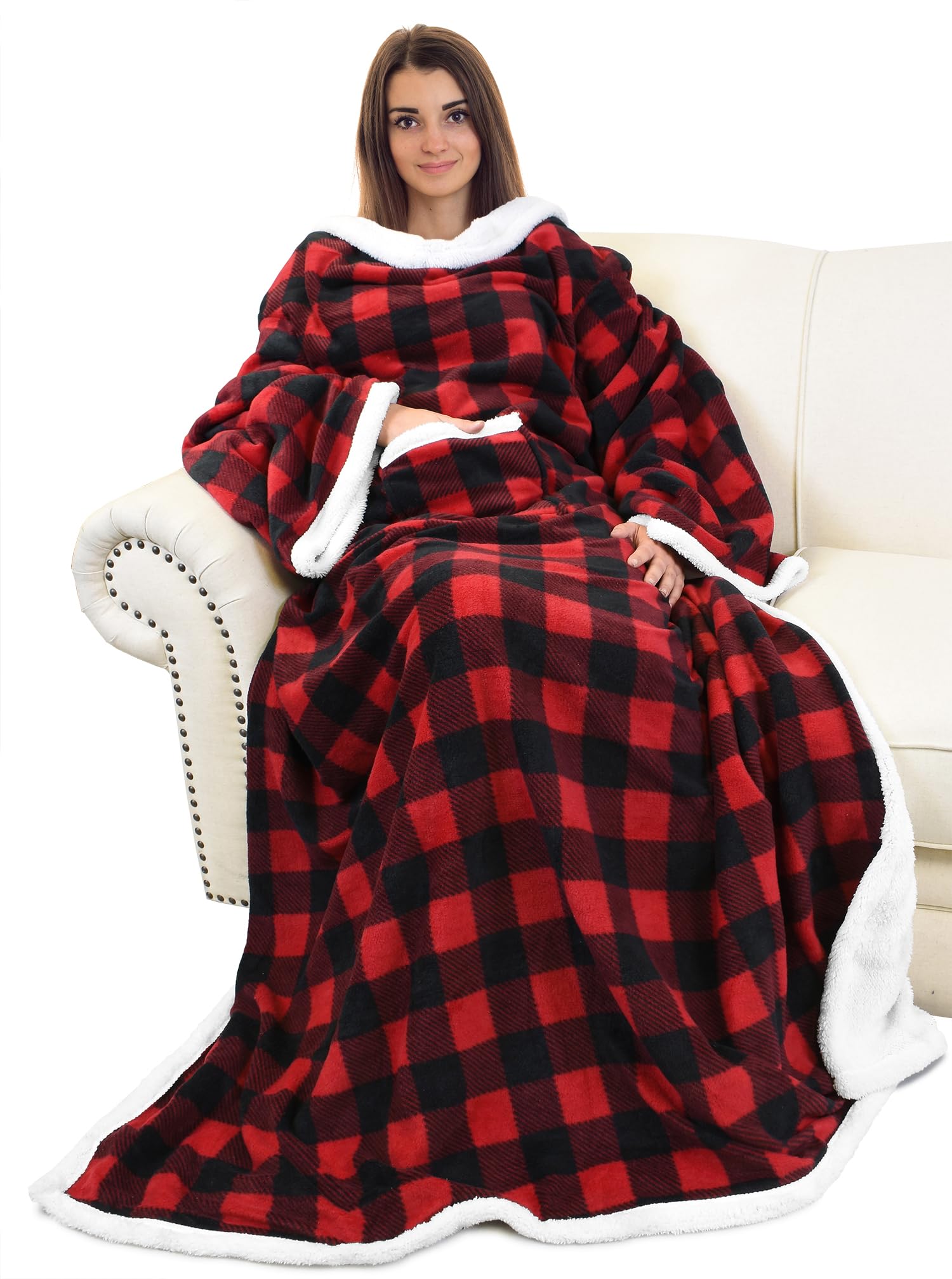 Catalonia Classy Tartan TV Blanket with Sleeves and Pockets Double-Sided Blanket Microplush Fleece Sherpa Warm Blankets for Adults Women Men, 185 cm x 140 cm