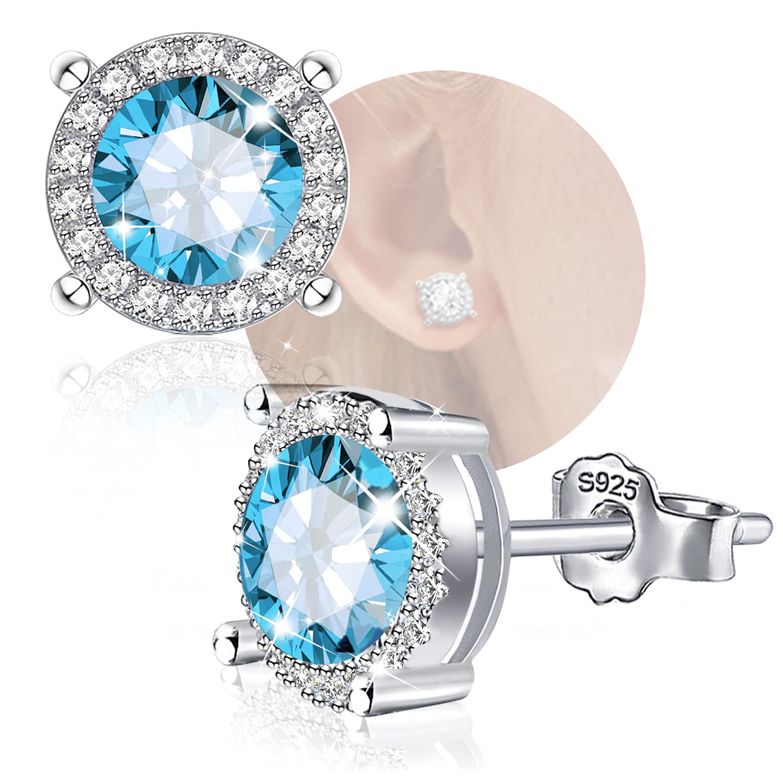 Cubic Zirconia Stud Earrings - 14K White Gold Plated Sterling Silver Hypoallergenic Round CZ Earrings for Women Girls