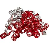 WRAPAHOLIC 12-Count Christmas Self-Adhesive Curly Bows Gift Wrap Accessory - Red/Silver/Polka Dots Curly Bows, Perfect for Christmas, Holiday, Birthday, Party Favors Decorations