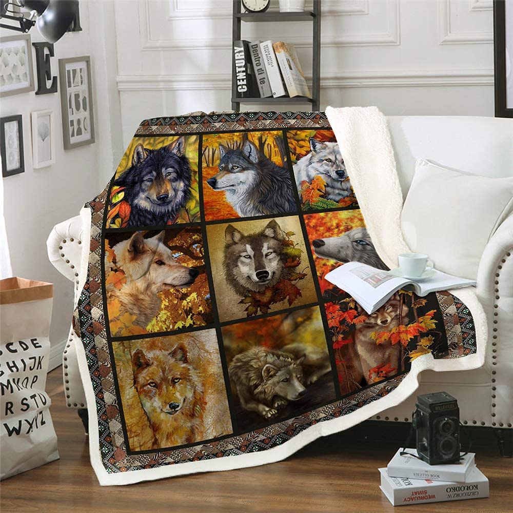 DJY Christmas Wolf Patchwork Fleece Blanket - Soft Plush Thick Warm Throw for Couch, Sofa, Bed - Brown Animal Print Theme - 150x200cm