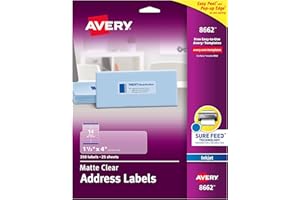 Avery Printable Address Labels with Sure Feed, Matte Clear, 1-1/3" x 4", 350 Mailing Labels (08662)