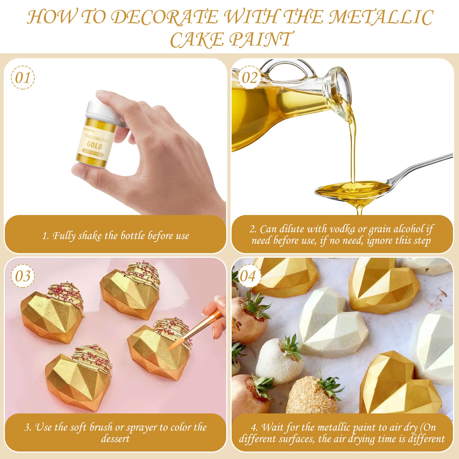 Edible Cake Paint - Food Grade Metallic Paint for Cake Decorating 15g Food Coloring Baking Fondant Gumpaste Chocolate Candy Cookie - Gold