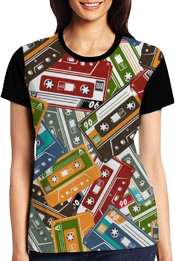 Amazon Co Jp 半袖tシャツ レディース カラフル カセットテープ ロンtクルーネック プリント トップス カットソー 吸汗 トレーニングウェア 体型カバ ランニング スポーツウェア 夏服 おおきいサイズ 速乾 ファッション 薄手 おしゃれ 部屋着 服 ファッション小物