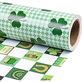 RUSPEPA Reversible St. Patrick's Day Wrapping Paper Roll, Mini Roll, Green Shamrock and Lucky Icon Design, Lucky Clovers Gift Wrap for St. Patrick's Day, Irish Holiday, Birthday, 17 Inch x 16.4 Feet