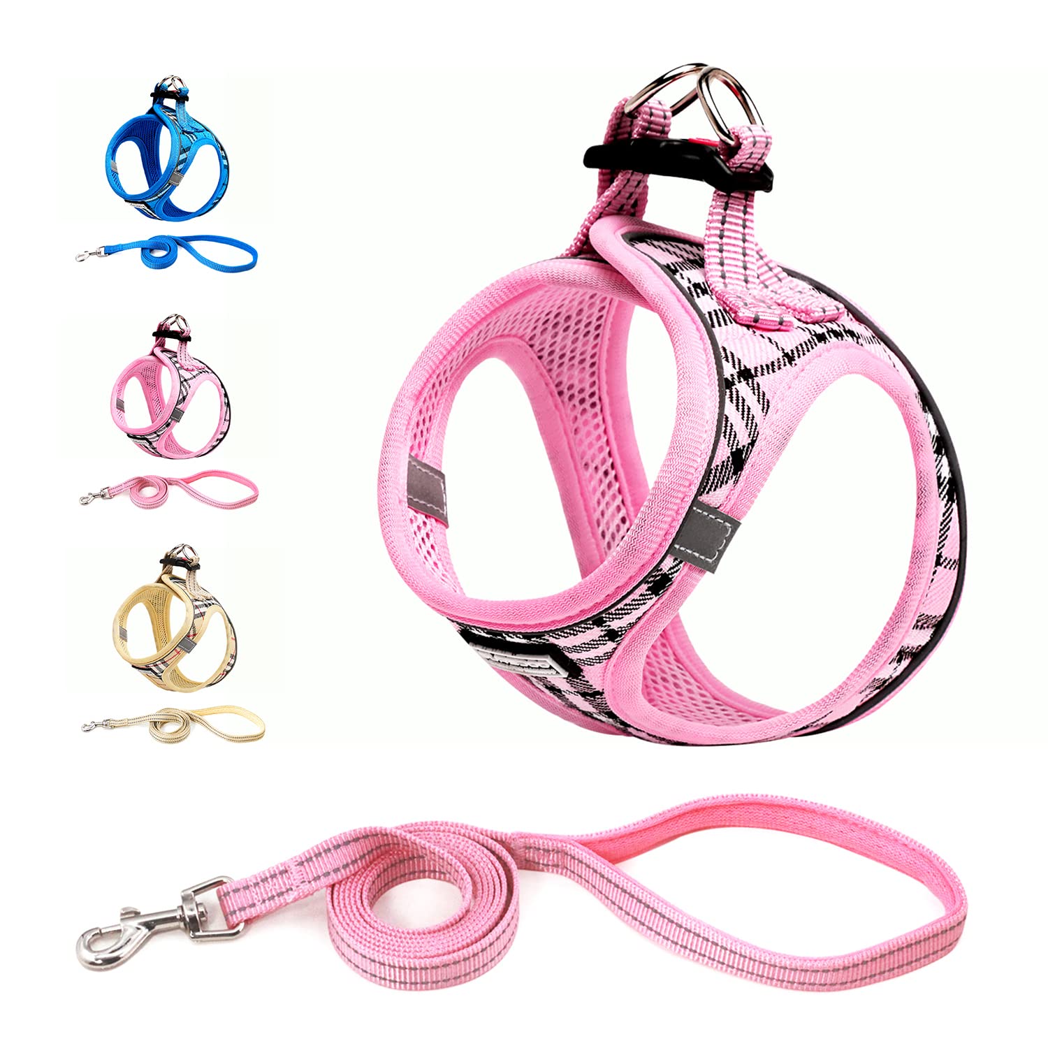 Suredoo Dog Harness and Lead Set, Step-in Breathable Reflective Puppy Cat Dog Vest Harnesses for Small Dogs (XL, Pink Plaid, Chest: 46-53cm)