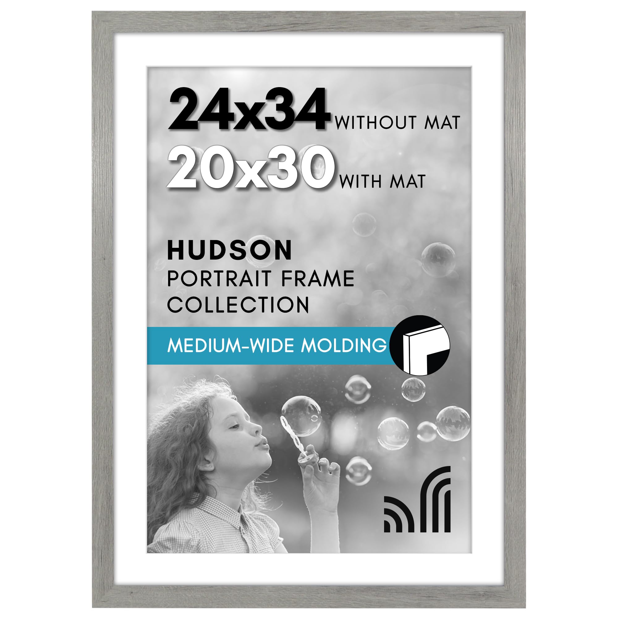 Americanflat 24x34 Poster Frame with Polished Plexiglass - Use as 20x30 Frame with Mat or Display 24x34 Photo Without Mat - Hudson Collection - Wide Picture Frames for Wall Display - Grey Wood Image