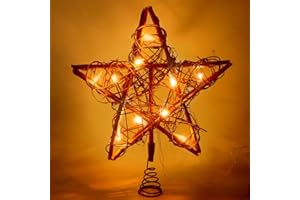 NEWBEA Tree Toppers Christmas Decorations, NEWBE 10 LED Lights Christmas Star Tree Topper,Rattan Rustic Christmas Tree Topper for Home Decorations