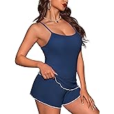 Ekouaer Womens Cami Pajama Sets 2 Piece Ribbed Knit PJs Soft Lingerie Sleeveless Tank Top and Shorts Camisole Lounge Set