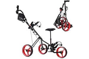 Tangkula Foldable Collapsible 3 Wheels Golf Push Cart with Seat, Foot Brake, Adjustable Umbrella Holder & Seat, 4 Height Position Handle
