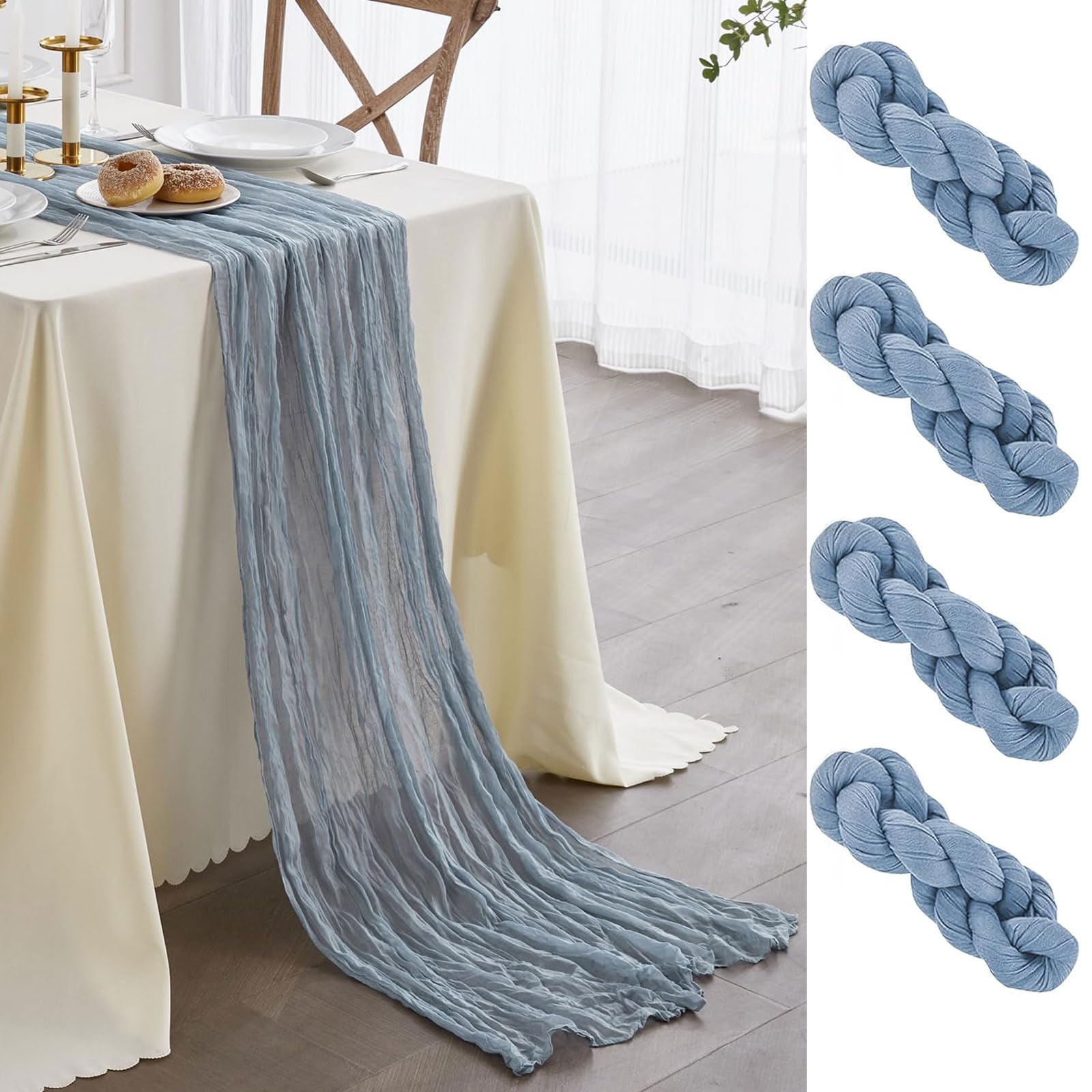 Newthinking 4 Packs Cheesecloth Table Runner, 10 ft Blue Cheesecloth Table Runner, Rustic Gauze Fabric Table Runner for Wedding Table Decoration Holiday Partluey, 90X300CM